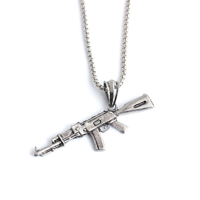 Hip Hop Refined Stylish Iced Out Golden Silveryy Color Alloy AK 47 Gun Pendants Necklace For Men Rapper Jewelry