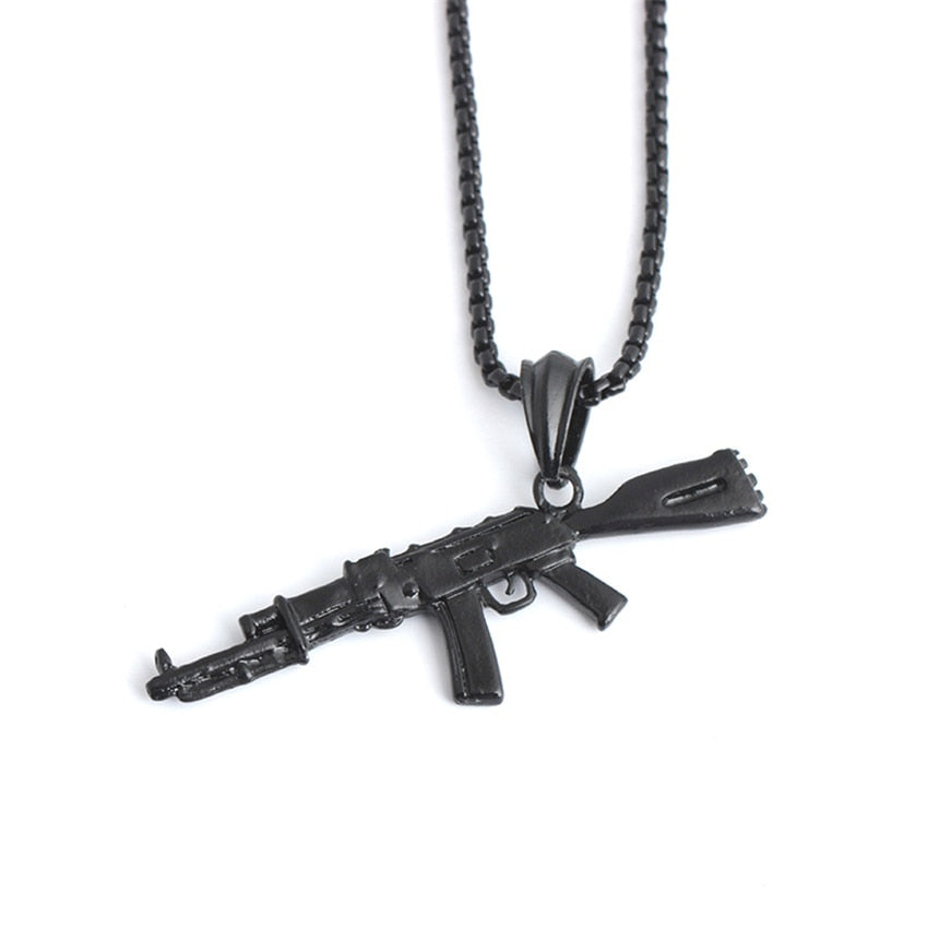 Hip Hop Refined Stylish Iced Out Golden Silveryy Color Alloy AK 47 Gun Pendants Necklace For Men Rapper Jewelry