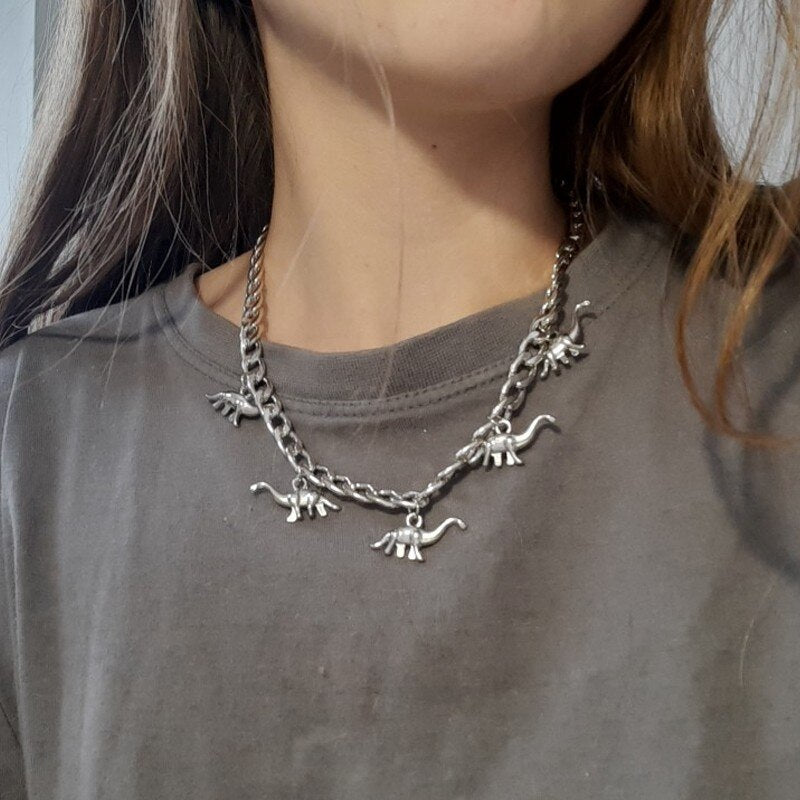 Hip Hop Retro Dinosaurs Tassel Pendant Choker Necklace Punk Chunky Cuban Link Chain Clavicle Collar Collier Party Jewelry Gift
