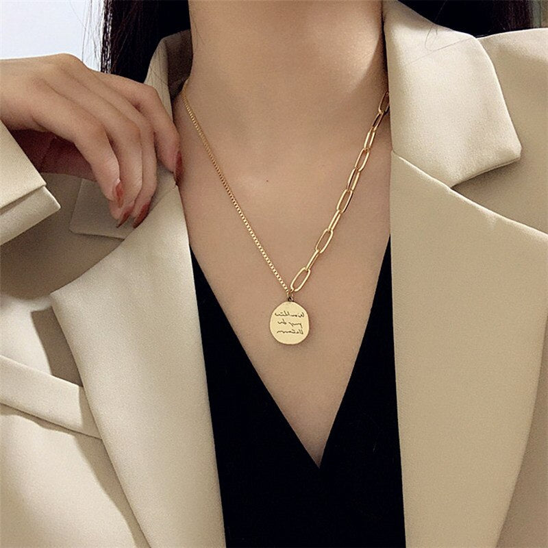 Hip-Hop Retro Women Necklace Ins Style Simple Cool Circular Geometric Pendant Collarbone Chain Do Old Accessories