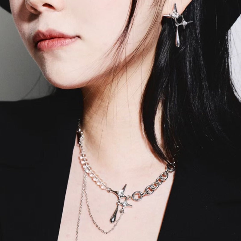 Hip Hop Rhinestone Cross Drop Pendant Necklace For Women Clavicle Chain Sweet Cool Transparent Beads Choker Neck Ladies Jewelry