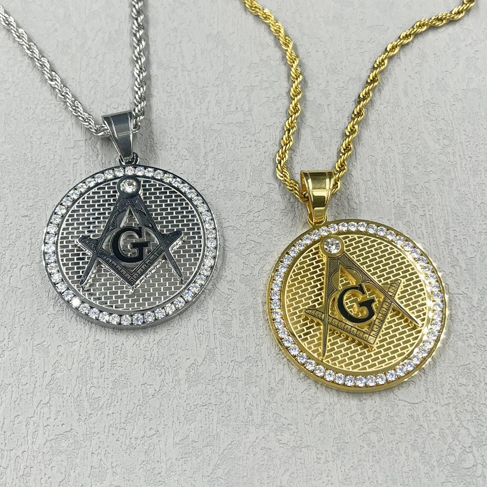 Hip Hop Rhinestones Paved Bling Iced Out Solid zircon  Stainless Steel Masonic FreeMason AG Pendants Neckalce Men Rapper Jewelry