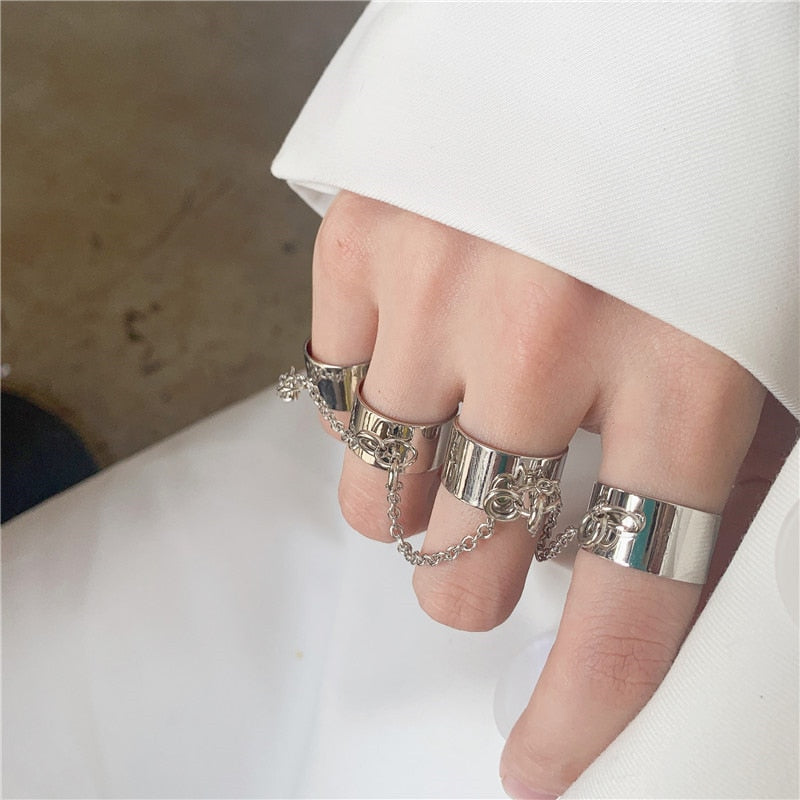 Hip Hop Rings Punk Cool  Multi-layer Adjustable Chain Four Open Finger Rings Alloy Man Rotate Rings for Women Party Gift