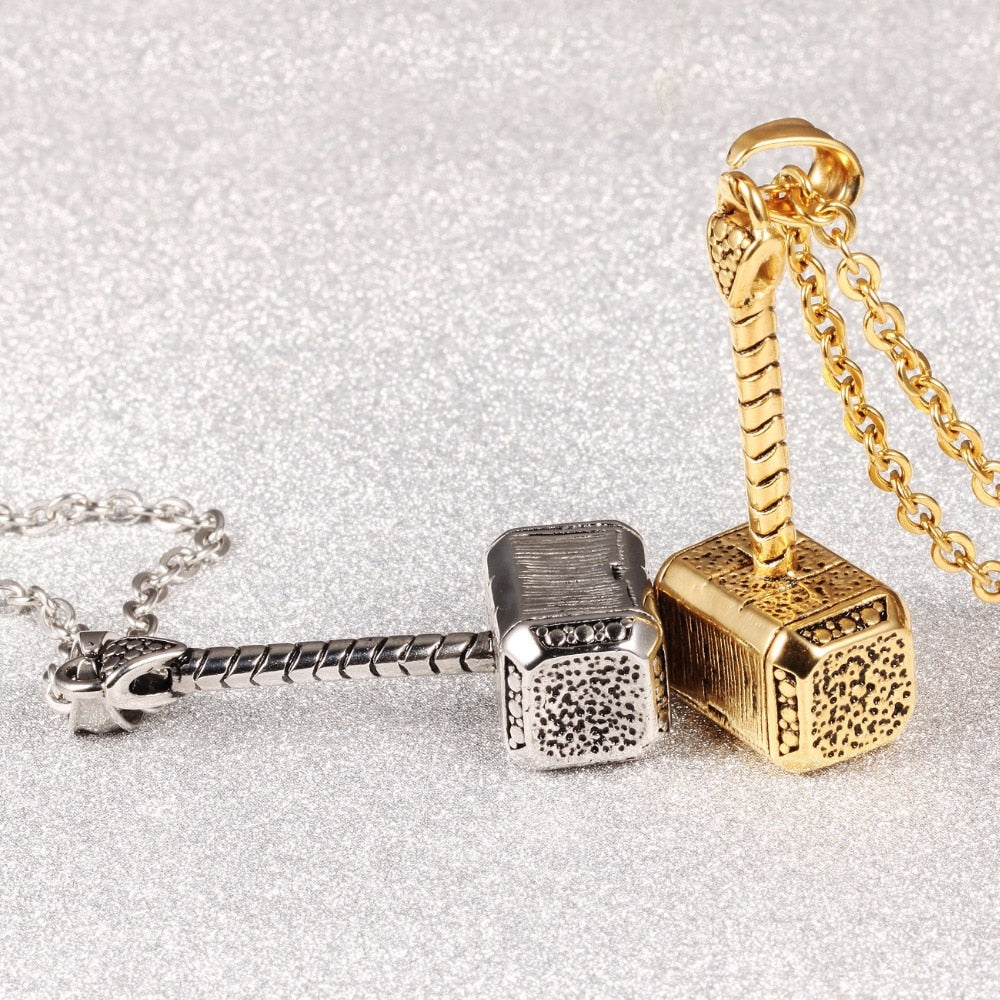 Hip Hop Rock Film Thor Hammer Necklace Pendant Gold Silver Color 316L Stainless Steel Jewelry