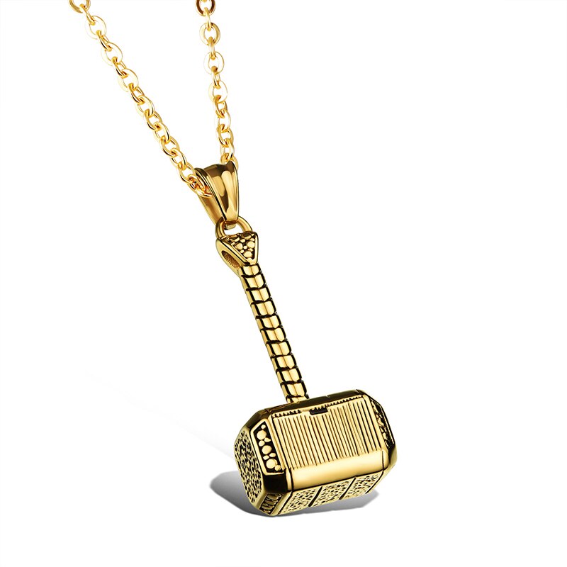 Hip Hop Rock Film Thor Hammer Necklace Pendant Gold Silver Color 316L Stainless Steel Jewelry