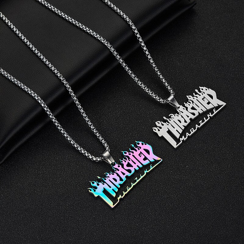 Hip-Hop Rock Jewerly 2022 Street Men Women Stainless Steel Quenched Letter Magazine Flame Pendant Necklaces