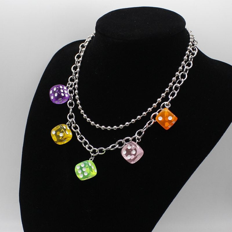 Hip Hop Rock Multicolor Resin Dice Double Clavicle Chain Geometric Pendant Necklace Girl Daily Jewelry Party DIY Handmade Gift