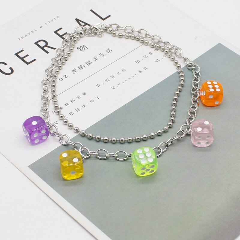 Hip Hop Rock Multicolor Resin Dice Double Clavicle Chain Geometric Pendant Necklace Girl Daily Jewelry Party DIY Handmade Gift