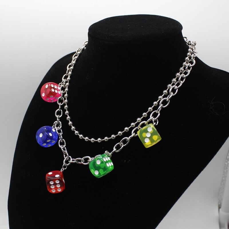 Hip Hop Rock Multicolor Resin Dice Double Clavicle Chain Geometric Pendant Necklace Girl Daily Jewelry Party DIY Handmade Gift
