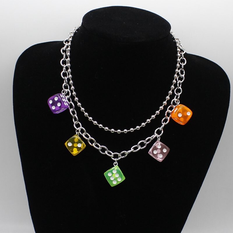 Hip Hop Rock Multicolor Resin Dice Double Clavicle Chain Geometric Pendant Necklace Girl Daily Jewelry Party DIY Handmade Gift