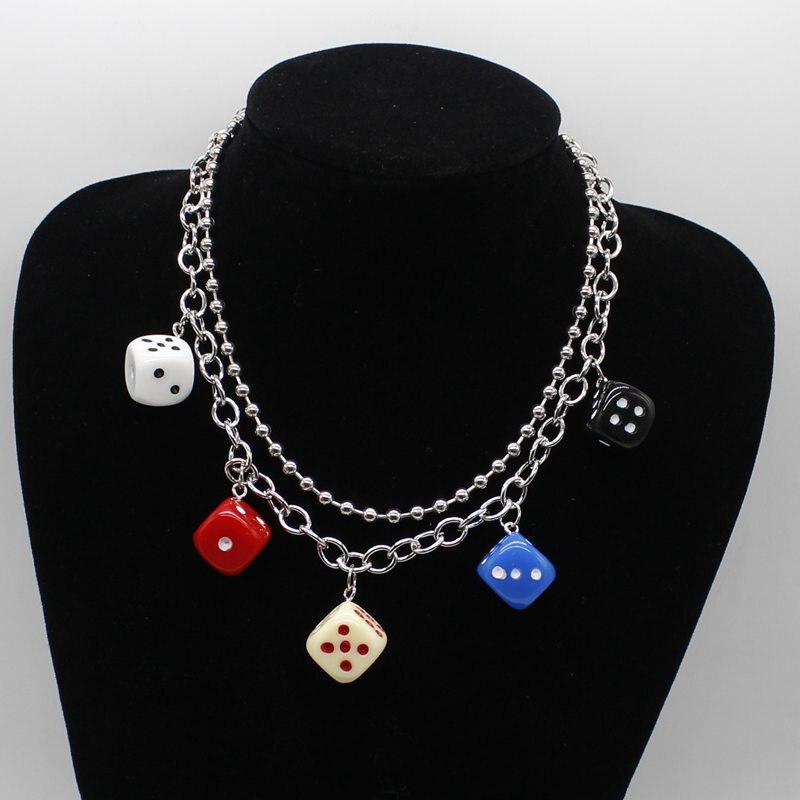 Hip Hop Rock Multicolor Resin Dice Pendant Multilayer Clavicle Necklace Girl Daily Jewelry Party DIY Handmade Gift
