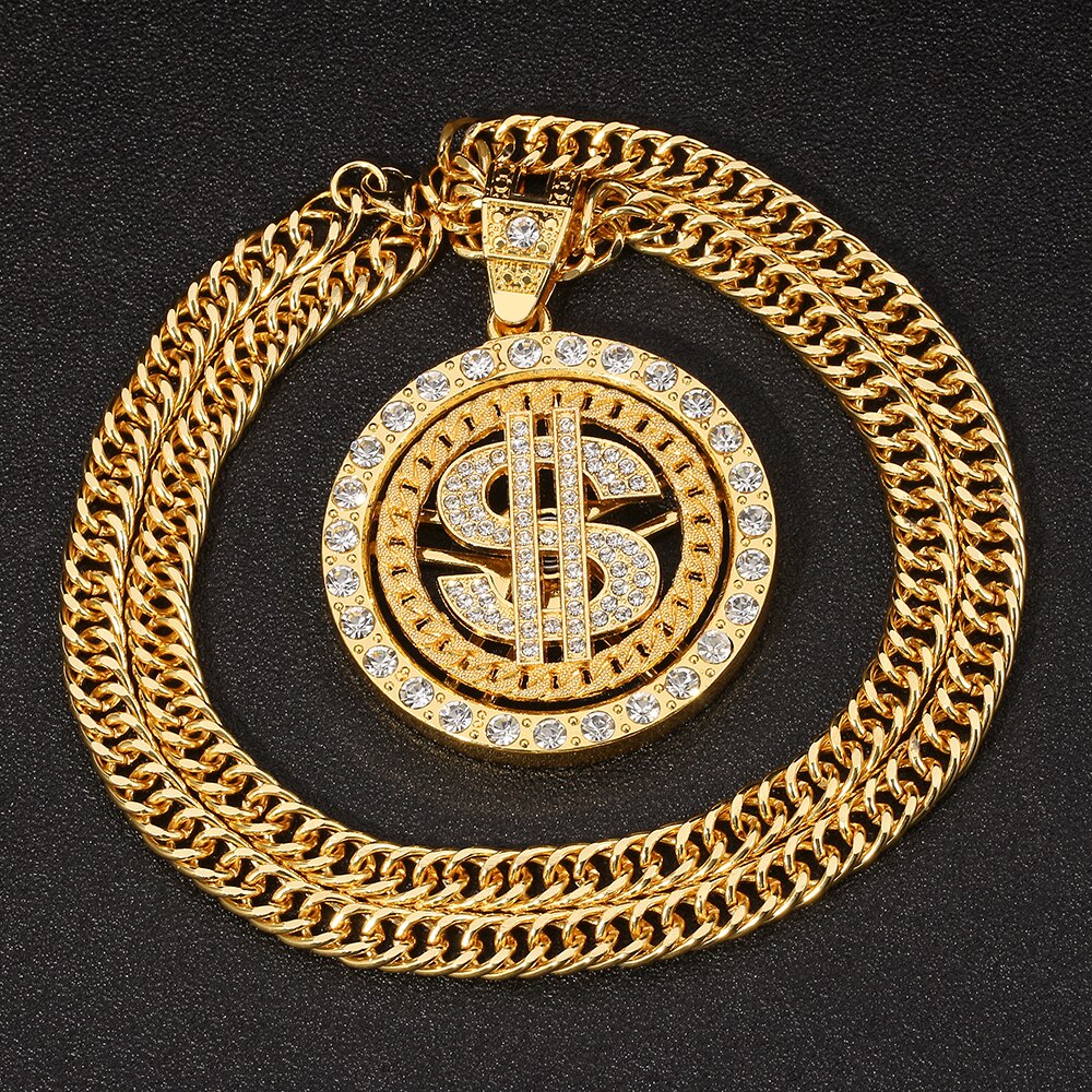 Hip-Hop Rotating Dollar Pendant Necklace Iced Out Bling Rhinestone Gold Silver Color Long Chain Necklace Men Women Rock Rapper