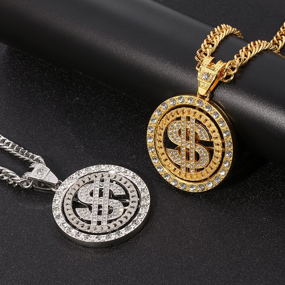 Hip-Hop Rotating Dollar Pendant Necklace Iced Out Bling Rhinestone Gold Silver Color Long Chain Necklace Men Women Rock Rapper