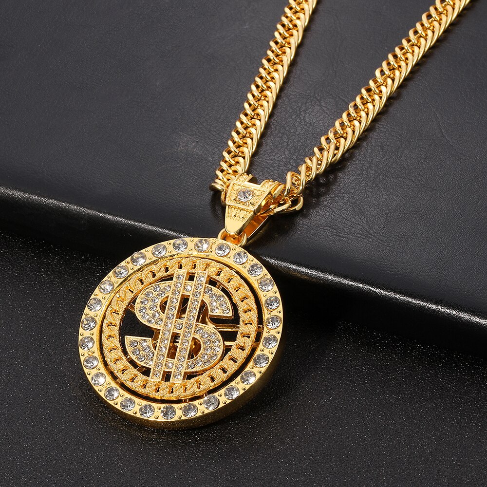 Hip-Hop Rotating Dollar Pendant Necklace Iced Out Bling Rhinestone Gold Silver Color Long Chain Necklace Men Women Rock Rapper