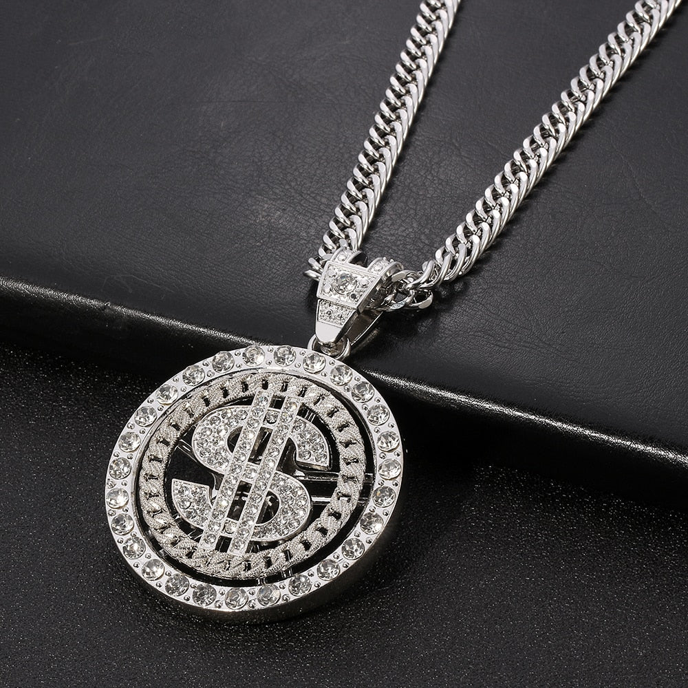 Hip-Hop Rotating Dollar Pendant Necklace Iced Out Bling Rhinestone Gold Silver Color Long Chain Necklace Men Women Rock Rapper