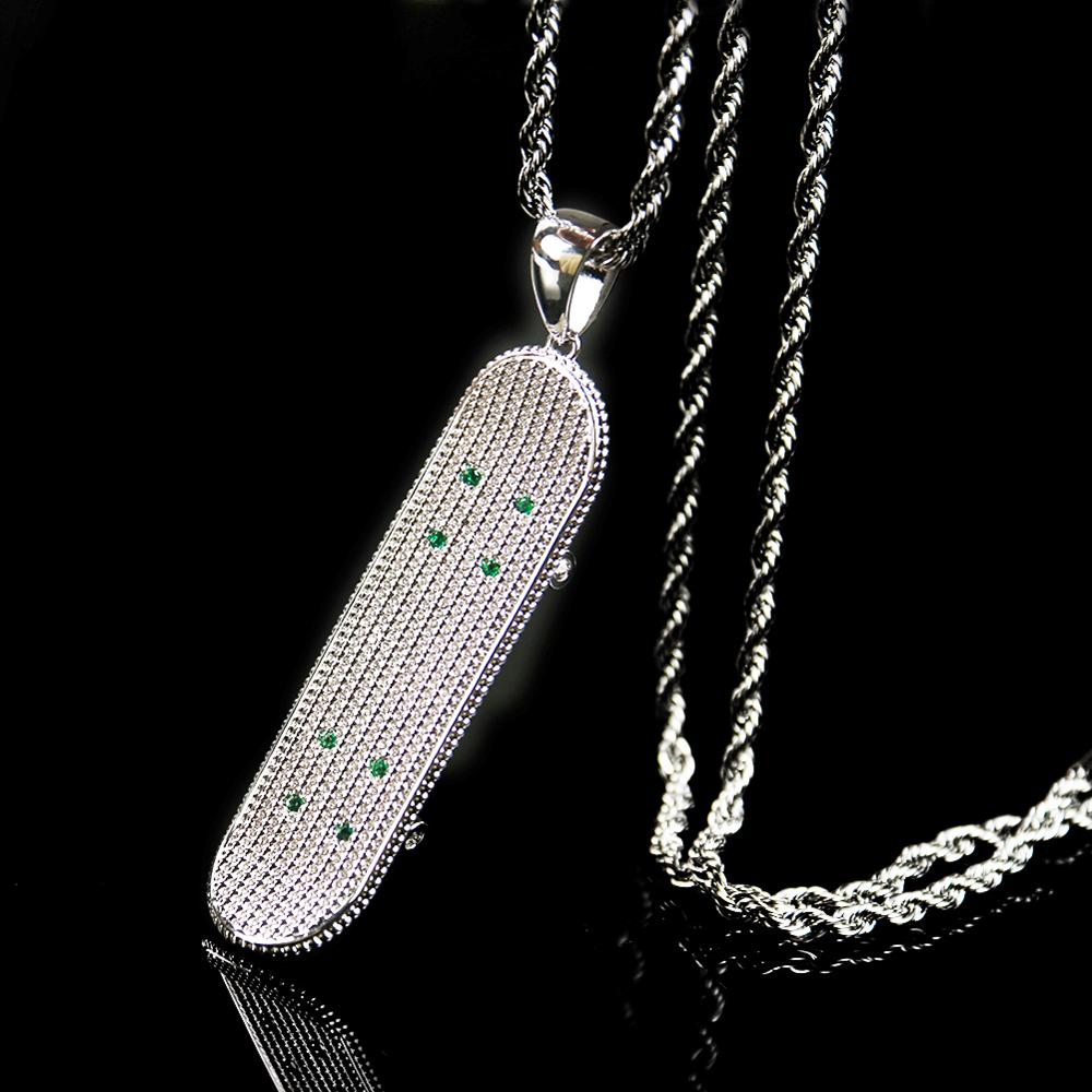 Hip Hop Silver Color Bling Iced Out Micro Pave CZ Stone Stainless Steel Skateboard Scooter Pendant Spiral Link Necklaces Gifts