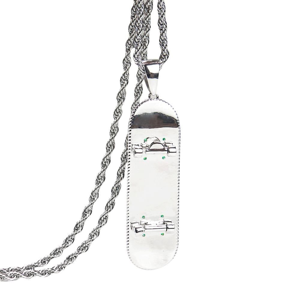 Hip Hop Silver Color Bling Iced Out Micro Pave CZ Stone Stainless Steel Skateboard Scooter Pendant Spiral Link Necklaces Gifts