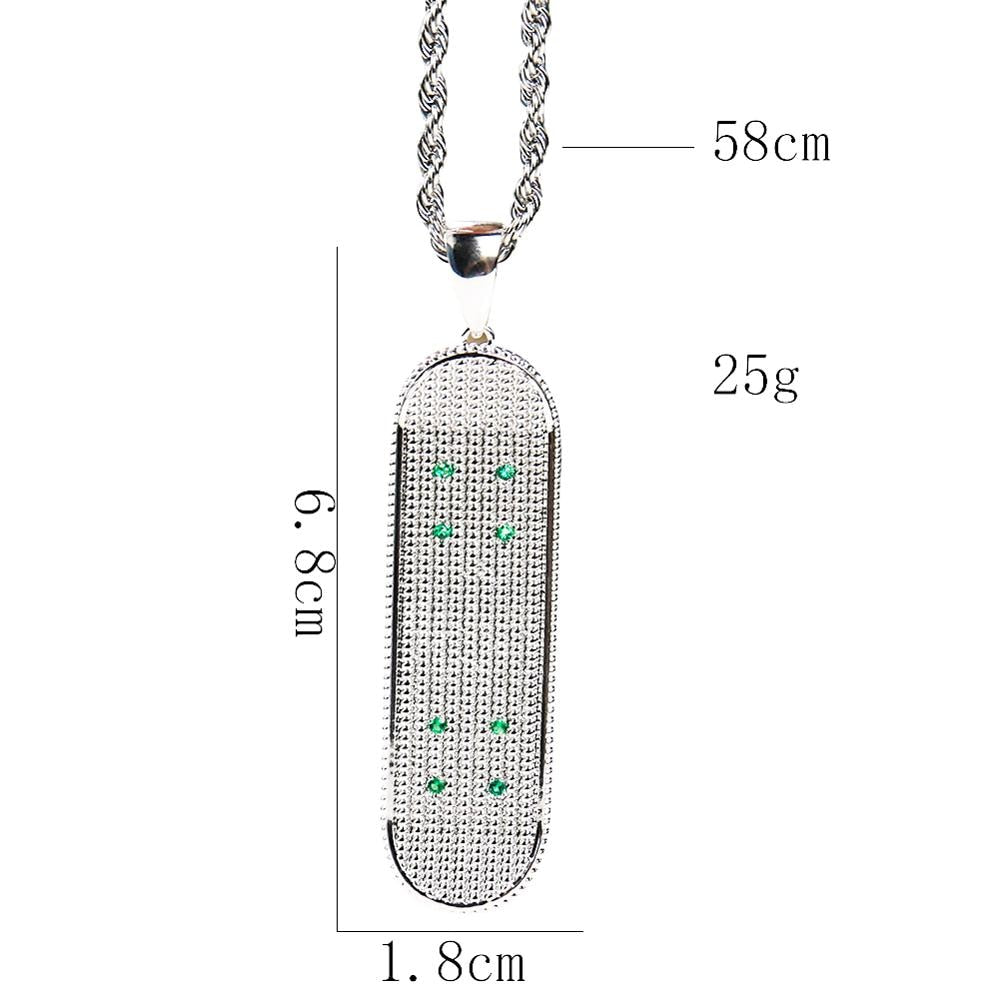 Hip Hop Silver Color Bling Iced Out Micro Pave CZ Stone Stainless Steel Skateboard Scooter Pendant Spiral Link Necklaces Gifts