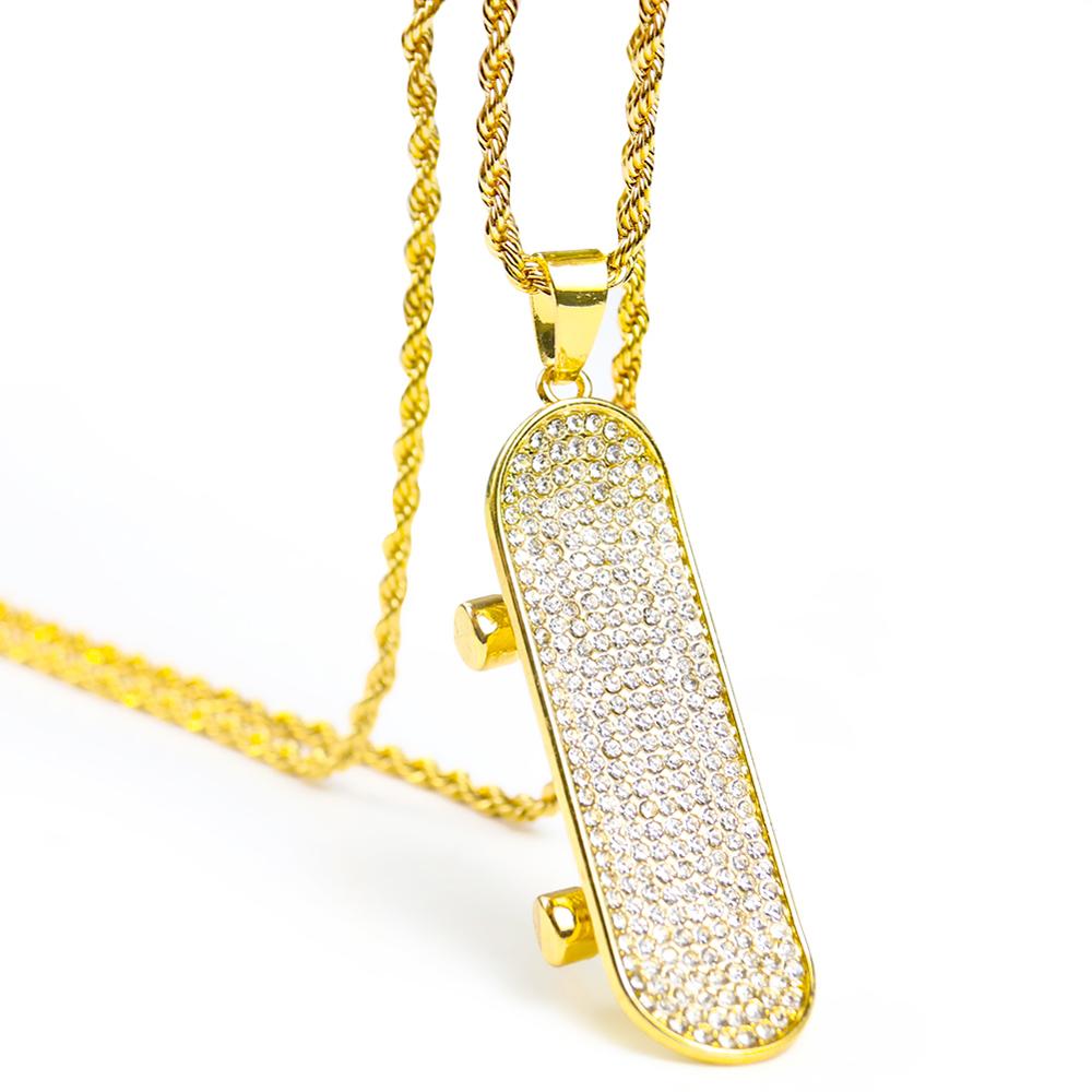 Hip Hop Silver Color Bling Iced Out Micro Pave CZ Stone Stainless Steel Skateboard Scooter Pendant Spiral Link Necklaces Gifts