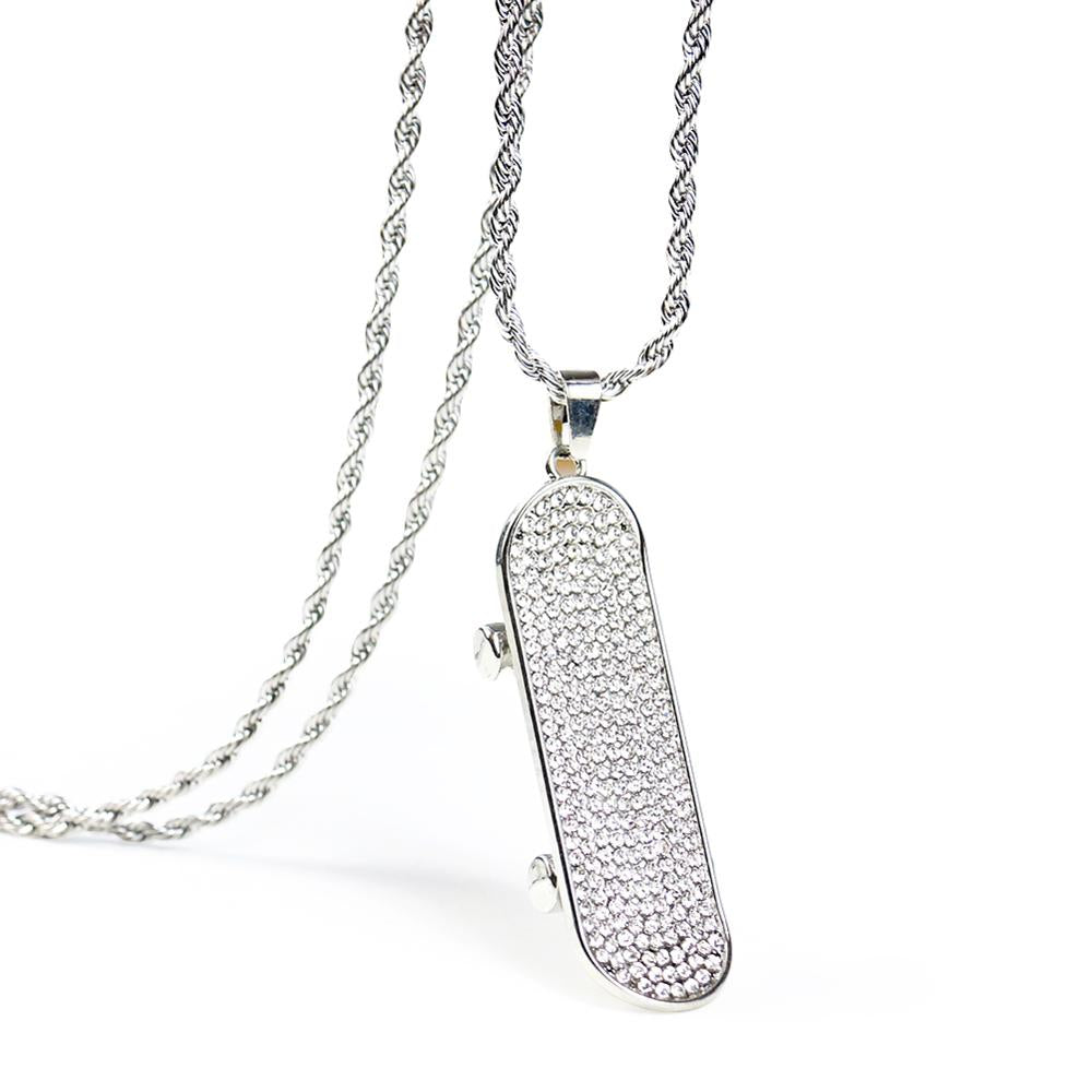 Hip Hop Silver Color Bling Iced Out Micro Pave CZ Stone Stainless Steel Skateboard Scooter Pendant Spiral Link Necklaces Gifts