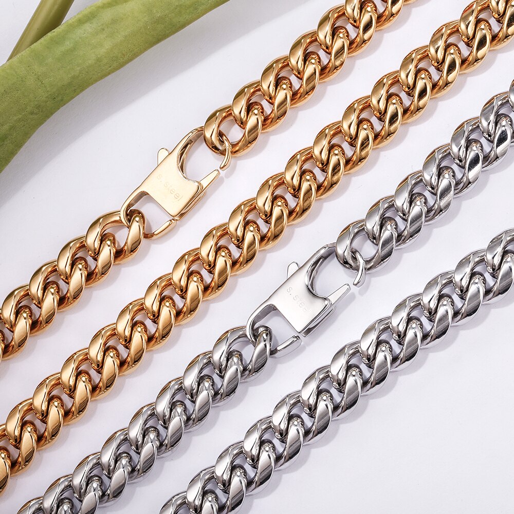Hip Hop Silvery/Gold Necklace for Men Women Curb Cuban Link Chain Chokers Vintage Rapper Stainless Steel Tone Solid Metal 2022