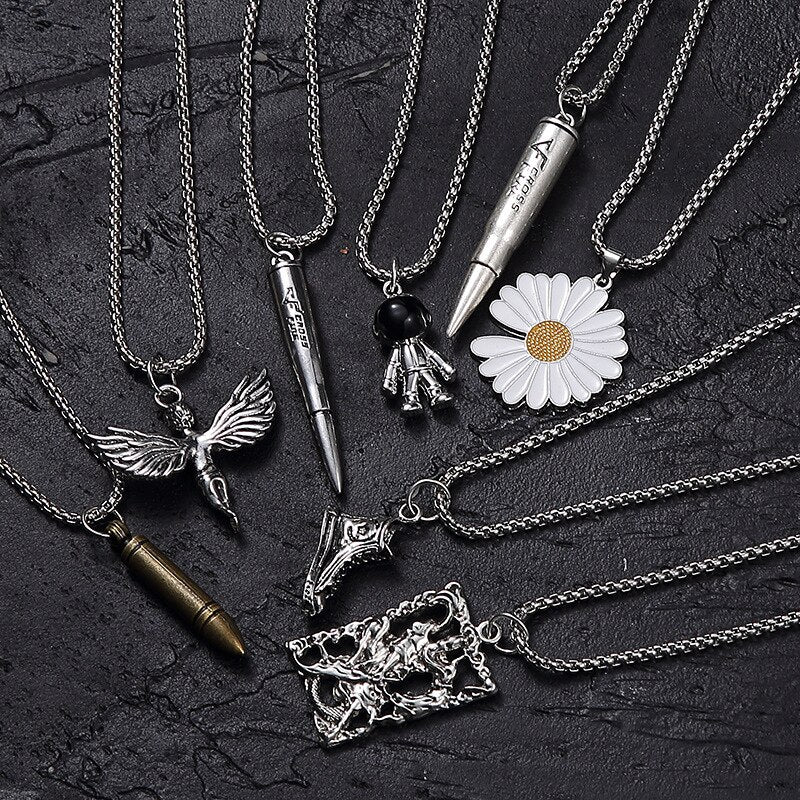 Hip Hop Simple Titanium Astronaut Chrysanthemum Angel Boy Dolphin Guan Gong Brand Bullet Necklace Punk Party Jewelry