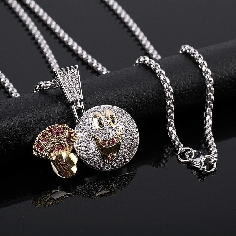 Hip Hop Smiley Round Face Pendant Necklace Chain Gold Color Bling Cubic Zircon Men's Necklace Rock Jewelry For Gift