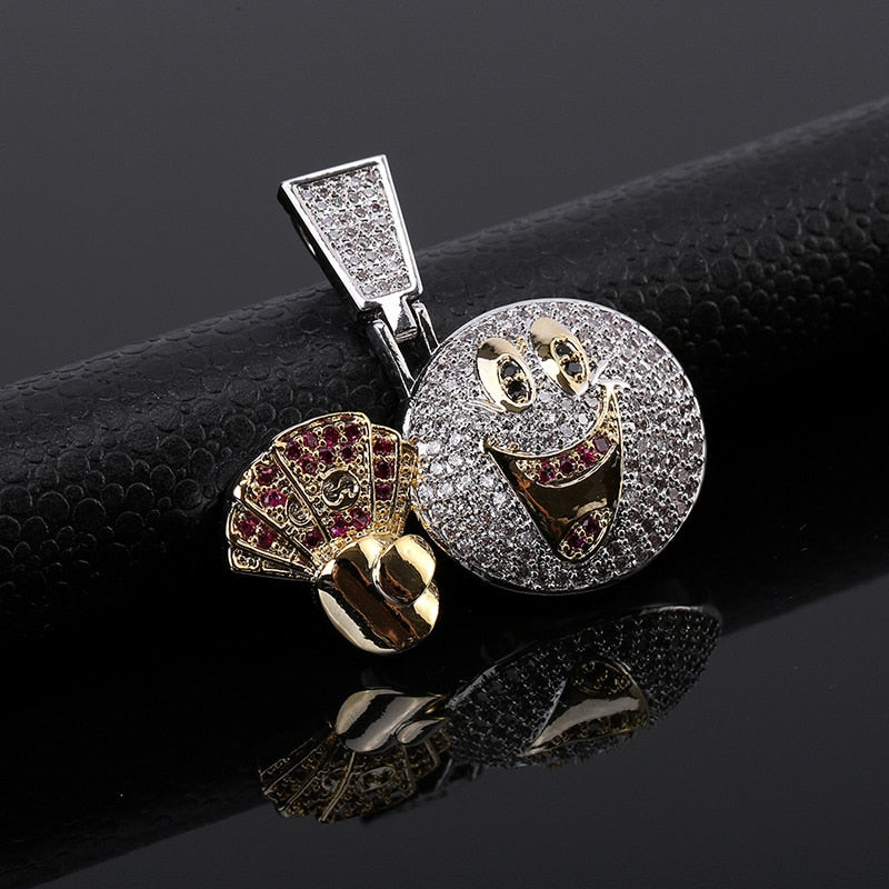 Hip Hop Smiley Round Face Pendant Necklace Chain Gold Color Bling Cubic Zircon Men's Necklace Rock Jewelry For Gift