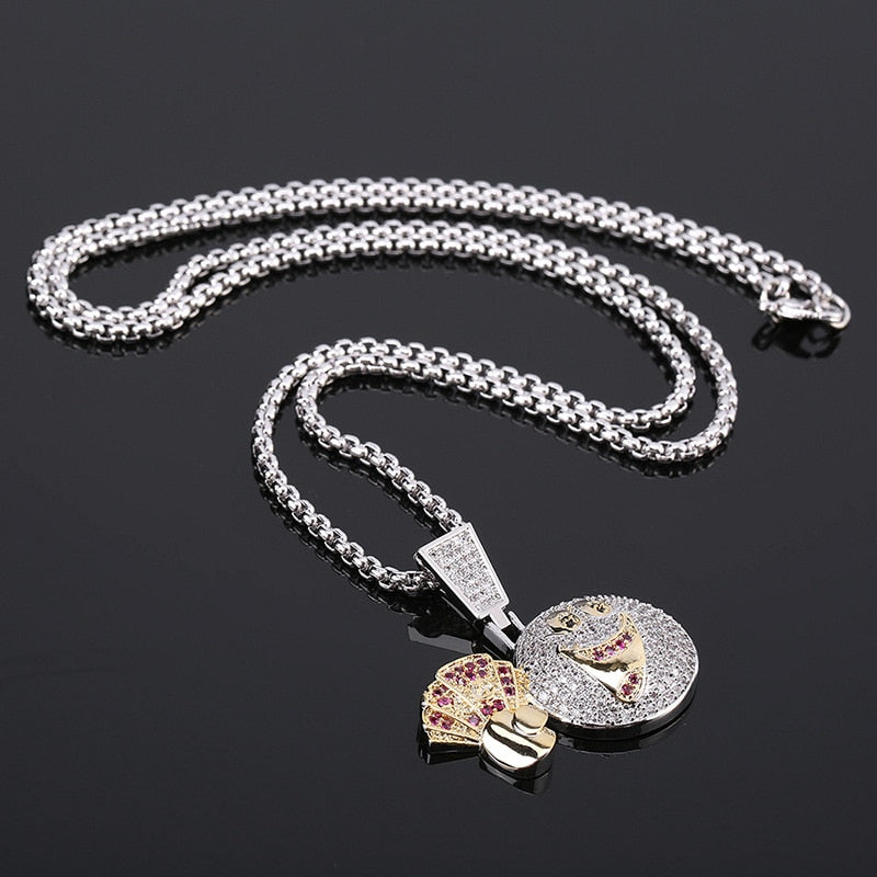 Hip Hop Smiley Round Face Pendant Necklace Chain Gold Color Bling Cubic Zircon Men's Necklace Rock Jewelry For Gift