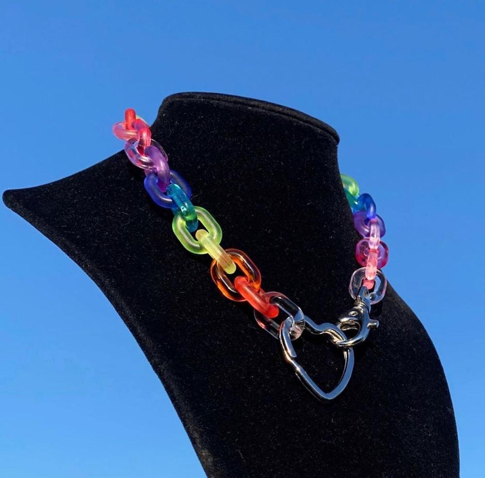 Hip-Hop Style Colorful Acrylic Necklace Personality Cool Rainbow Short Necklace Double Necklace Party Jewelry