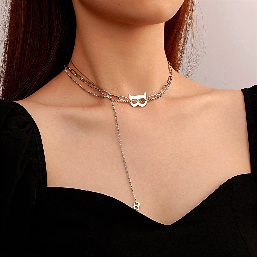 Hip-Hop Tide Double Stainless Steel B Letter Pendant Collarbone Chain Necklace Korean Simple Women Party Jewelry Girl's Choker