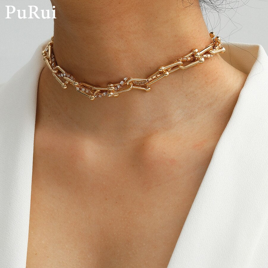 Hip Hop U Chain Link Choker Necklace for Women Gothic Punk Gold Color Thicken Chunky Crystal Chain Necklace Collar Jewelry