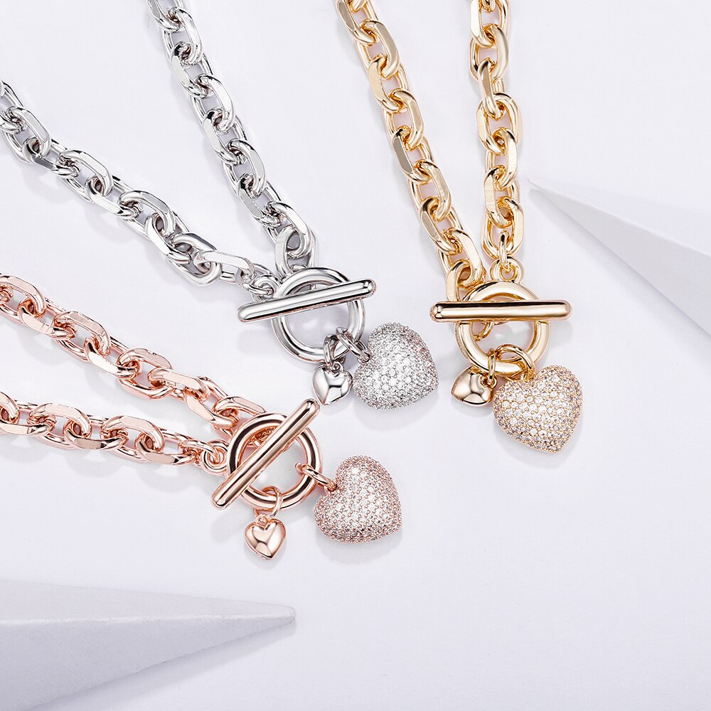 Hip Hop Zircon Heart Pendant Chain Bracelets For Women Lovers CZ Vintage Golden Thick Bracelet Jewelry Mujer Pulseras Gifts