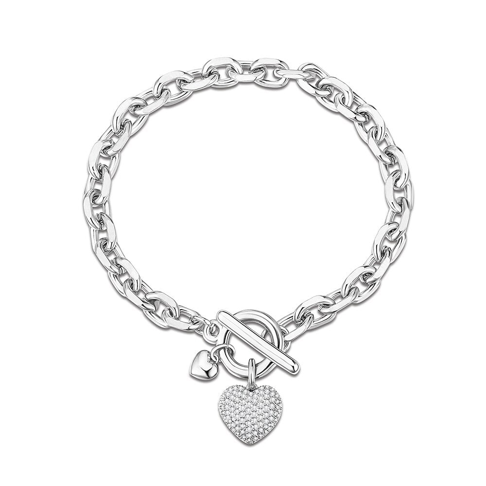 Hip Hop Zircon Heart Pendant Chain Bracelets For Women Lovers CZ Vintage Golden Thick Bracelet Jewelry Mujer Pulseras Gifts