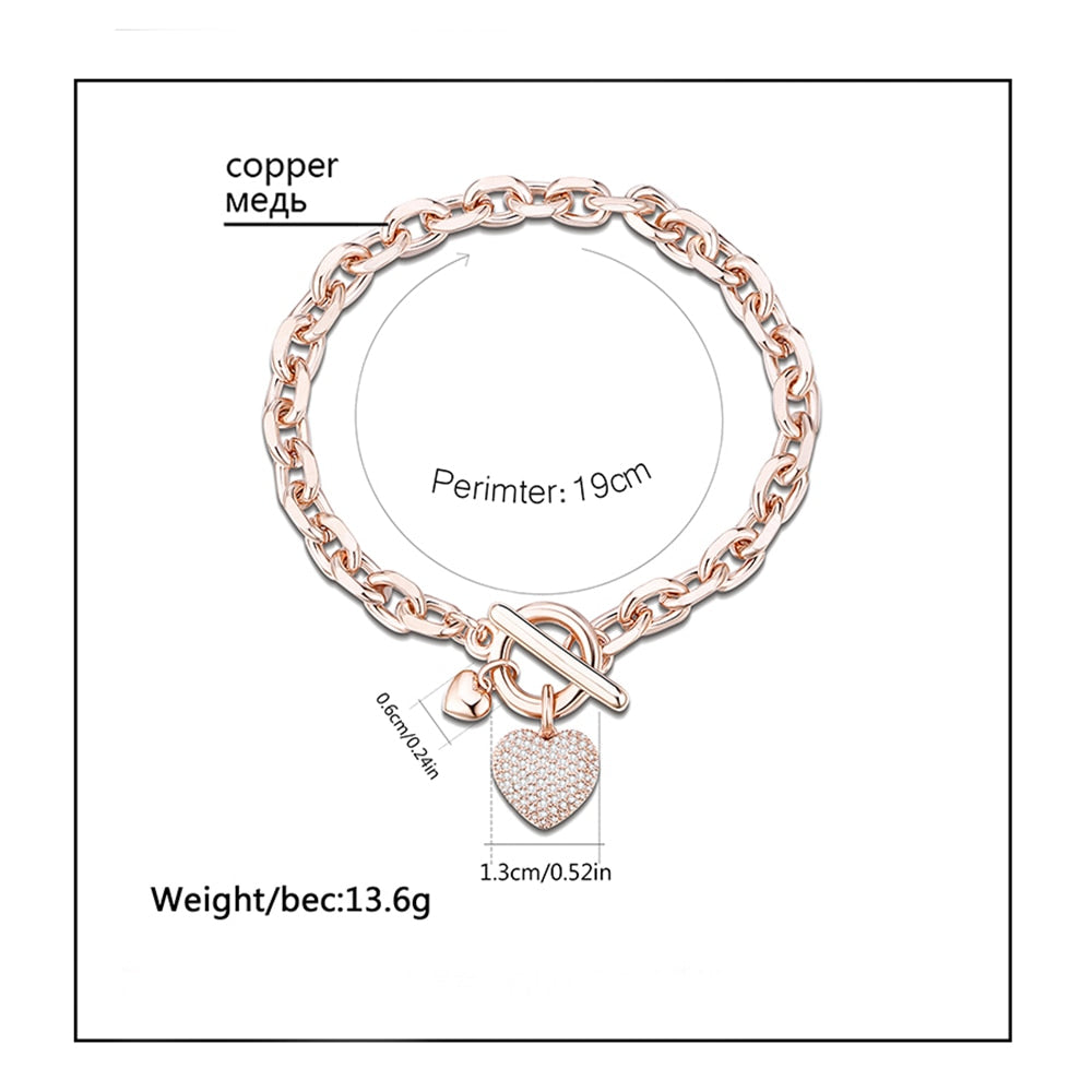 Hip Hop Zircon Heart Pendant Chain Bracelets For Women Lovers CZ Vintage Golden Thick Bracelet Jewelry Mujer Pulseras Gifts
