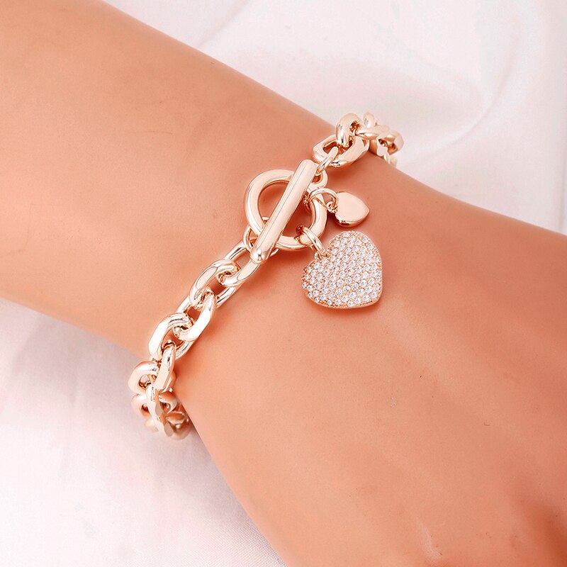 Hip Hop Zircon Heart Pendant Chain Bracelets For Women Lovers CZ Vintage Golden Thick Bracelet Jewelry Mujer Pulseras Gifts