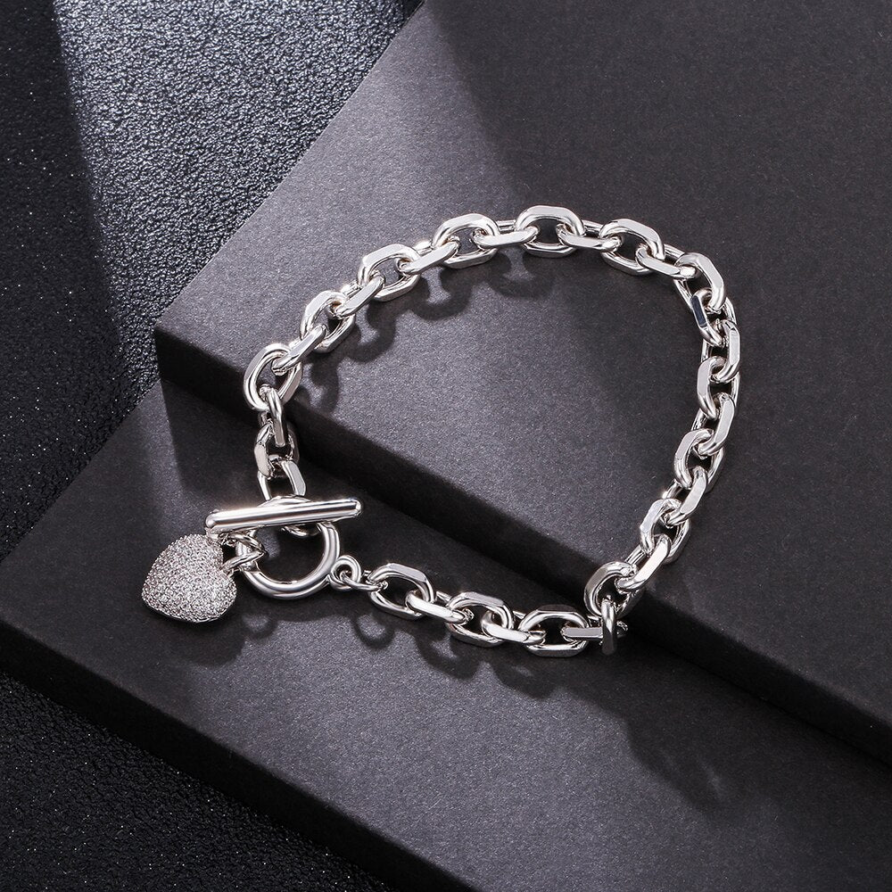 Hip Hop Zircon Heart Pendant Chain Bracelets For Women Lovers CZ Vintage Golden Thick Bracelet Jewelry Mujer Pulseras Gifts