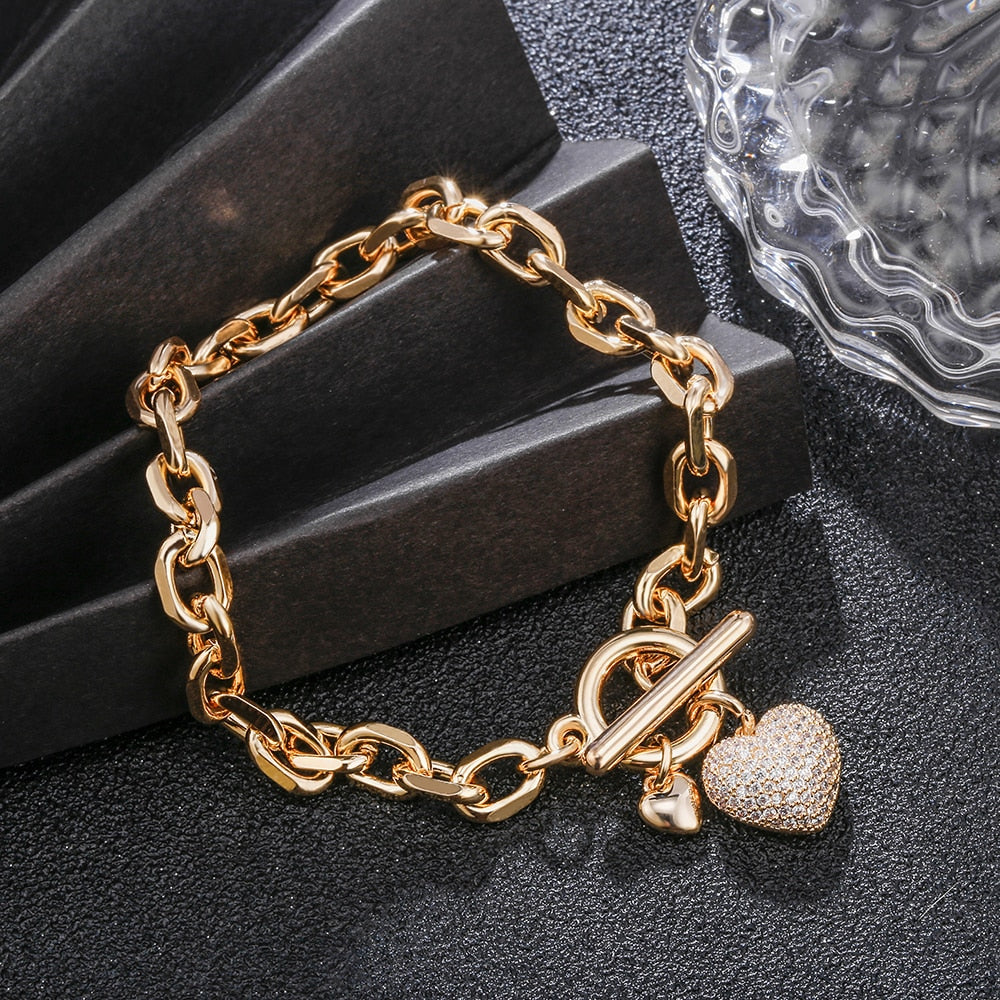 Hip Hop Zircon Heart Pendant Chain Bracelets For Women Lovers CZ Vintage Golden Thick Bracelet Jewelry Mujer Pulseras Gifts