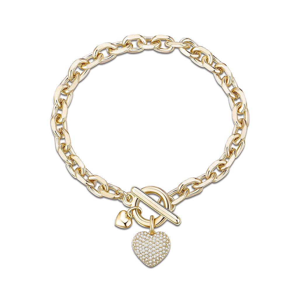 Hip Hop Zircon Heart Pendant Chain Bracelets For Women Lovers CZ Vintage Golden Thick Bracelet Jewelry Mujer Pulseras Gifts