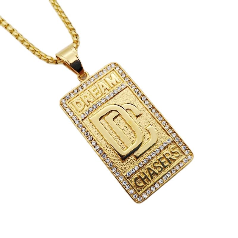 Hip Hop rock stainless steel rhinestones Dream Chaser pendant necklace mens Gold color DC necklace jewelry