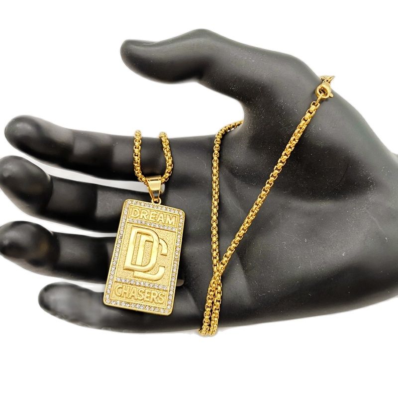 Hip Hop rock stainless steel rhinestones Dream Chaser pendant necklace mens Gold color DC necklace jewelry