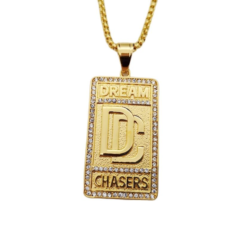 Hip Hop rock stainless steel rhinestones Dream Chaser pendant necklace mens Gold color DC necklace jewelry