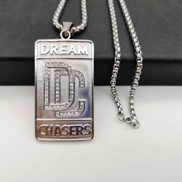 Hip Hop rock stainless steel rhinestones Dream Chaser pendant necklace mens Gold color DC necklace jewelry