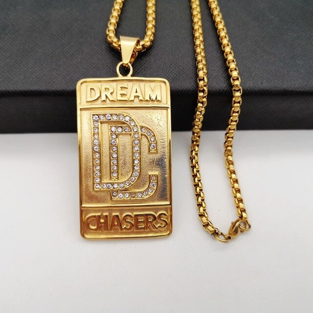 Hip Hop rock stainless steel rhinestones Dream Chaser pendant necklace mens Gold color DC necklace jewelry