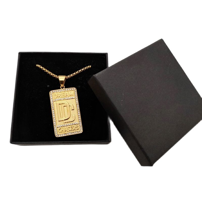 Hip Hop rock stainless steel rhinestones Dream Chaser pendant necklace mens Gold color DC necklace jewelry