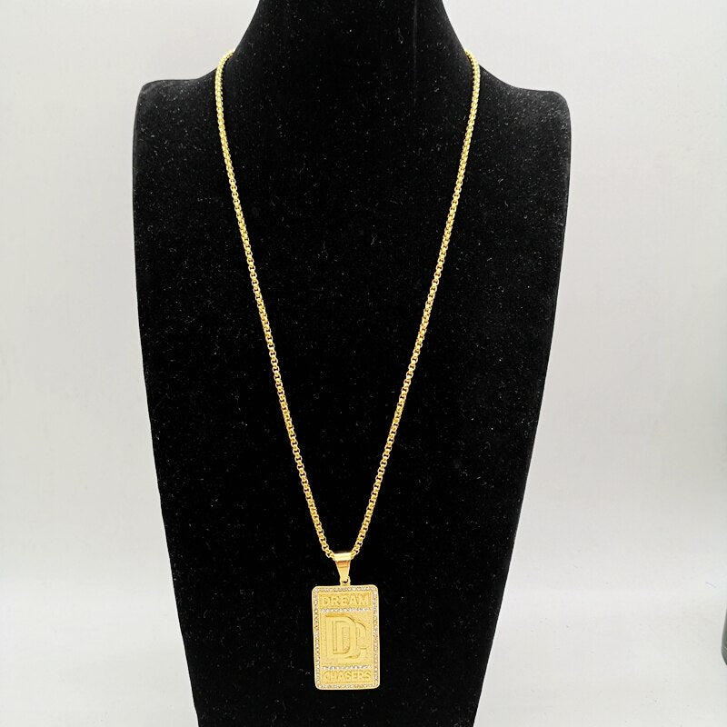 Hip Hop rock stainless steel rhinestones Dream Chaser pendant necklace mens Gold color DC necklace jewelry