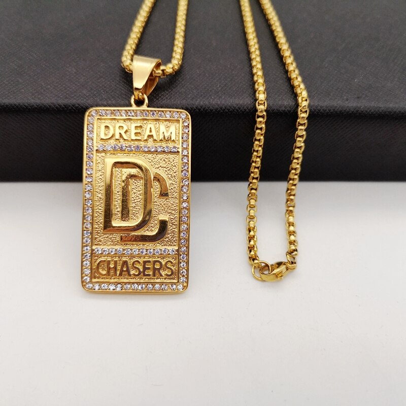 Hip Hop rock stainless steel rhinestones Dream Chaser pendant necklace mens Gold color DC necklace jewelry