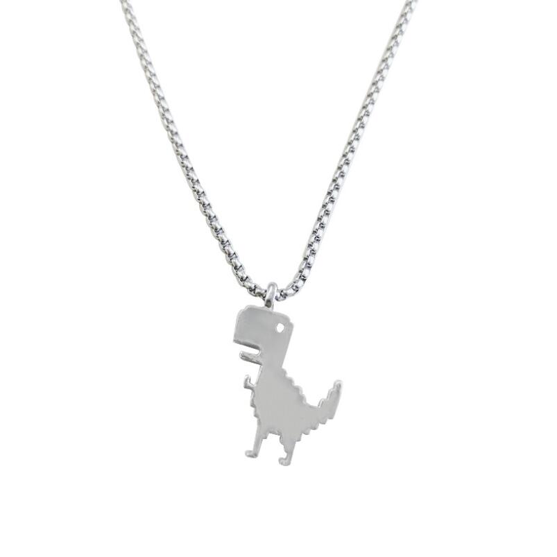 Hip Pop Pixel Games Dinosaur Pendant Necklace Cute Adorkable Cartoon Jewelry Design Silvery Accessories For Youngs Sweater Chain