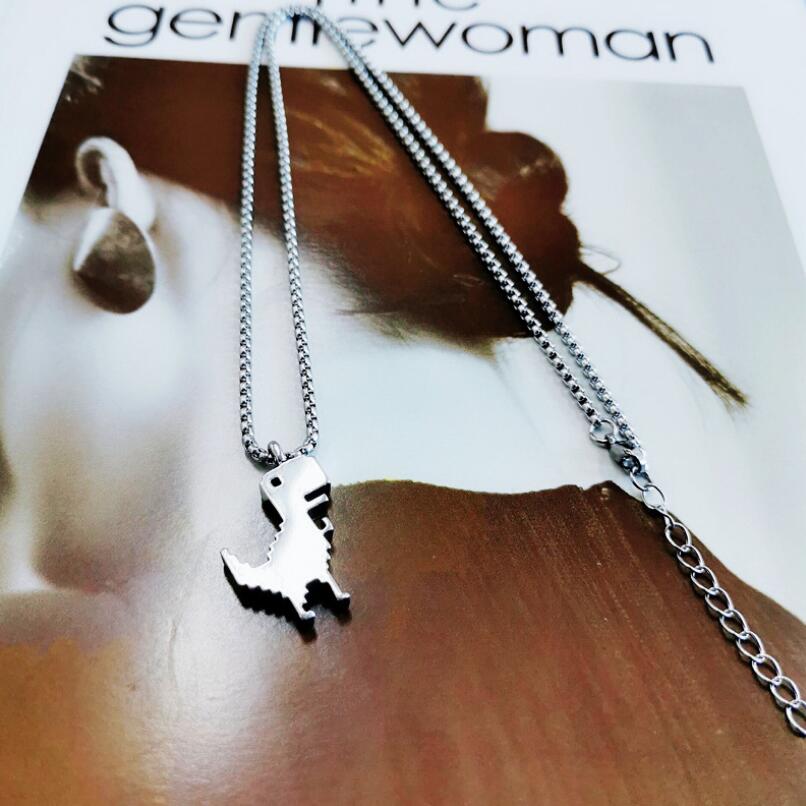 Hip Pop Pixel Games Dinosaur Pendant Necklace Cute Adorkable Cartoon Jewelry Design Silvery Accessories For Youngs Sweater Chain