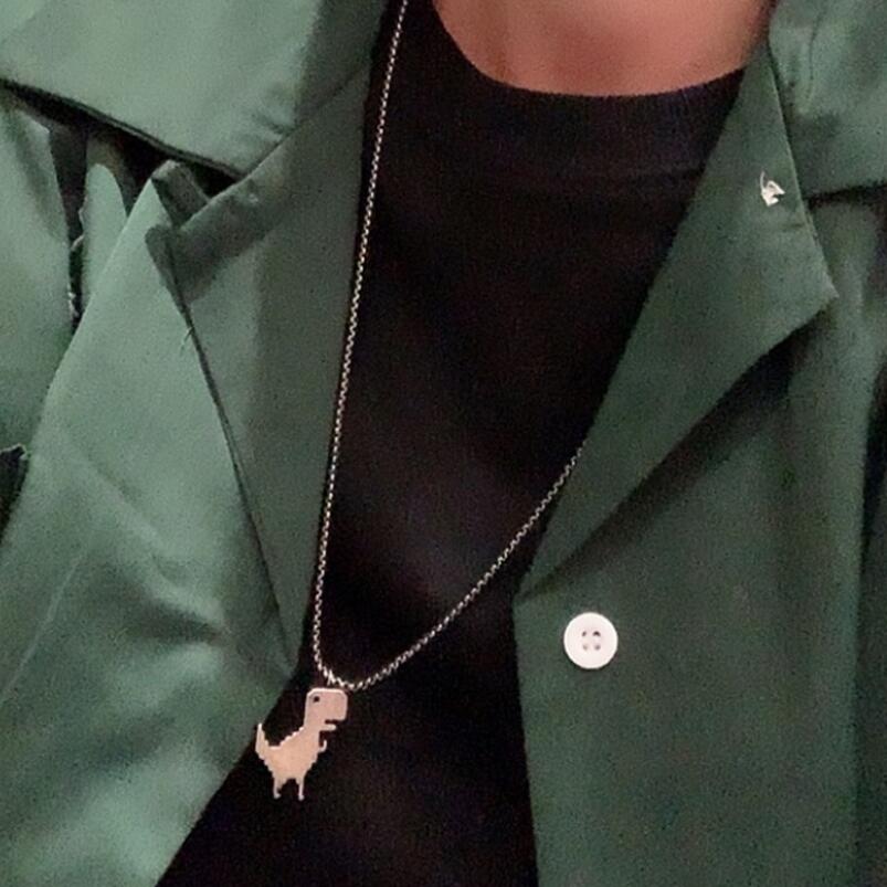 Hip Pop Pixel Games Dinosaur Pendant Necklace Cute Adorkable Cartoon Jewelry Design Silvery Accessories For Youngs Sweater Chain